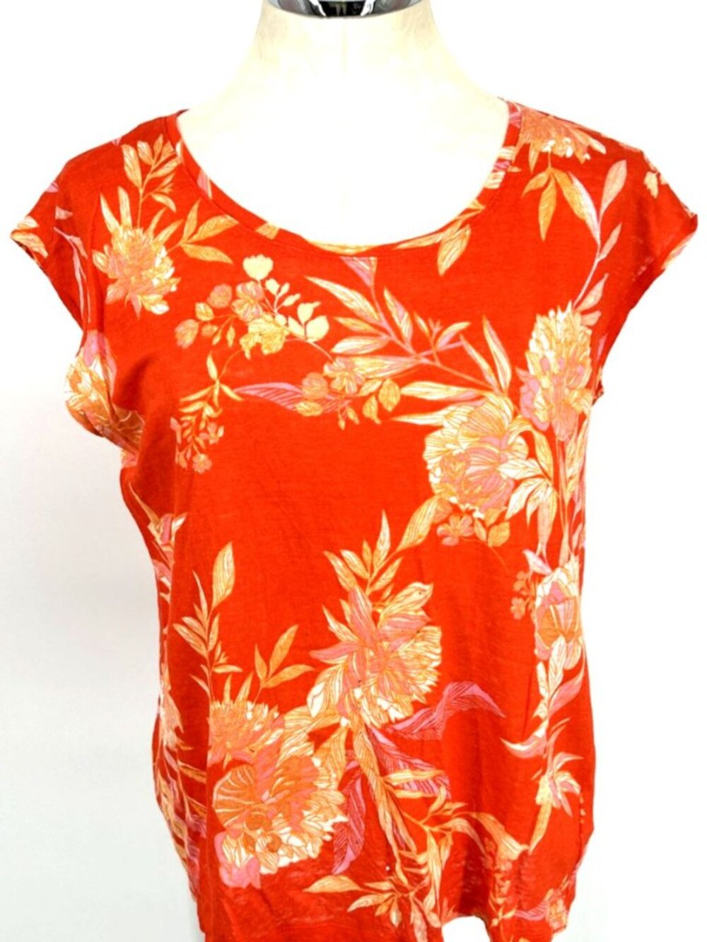Cynthia Rowley Top Sleeveless Floral Linen Button Back Detail Shirt Orange Sz M